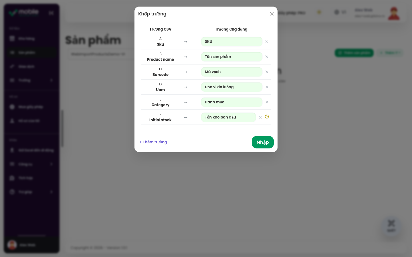 Hộp thoại Match fields trong ứng dụng Web với các cột CSV được khớp với trường Mobile Inventory