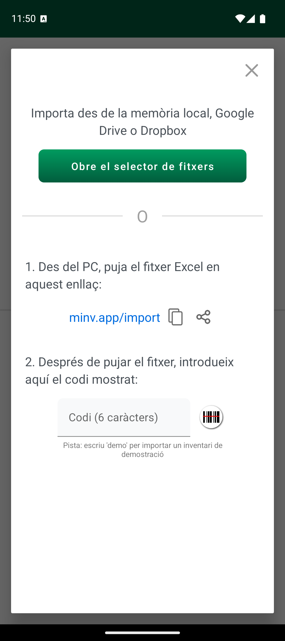 Pantalla d’opcions d’importació amb selector de fitxers i codi d’importació
