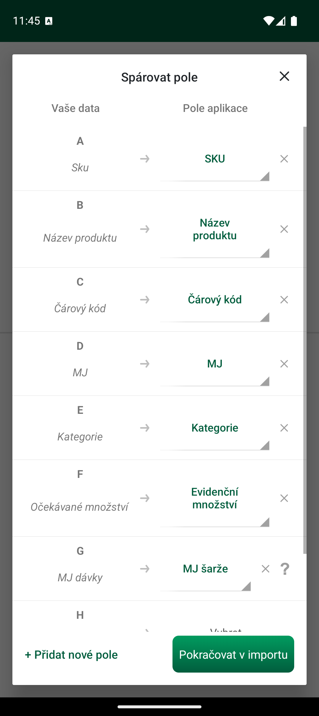 Obrazovka párování polí