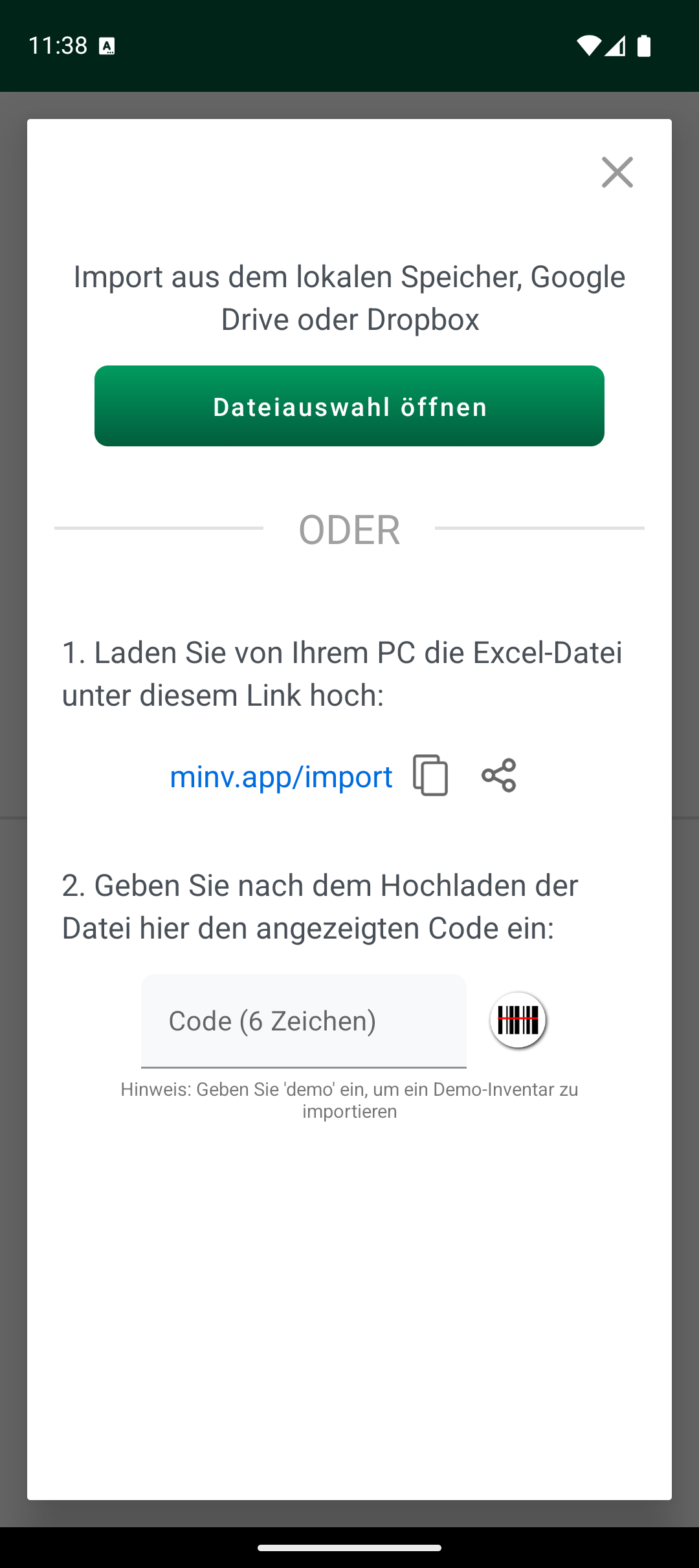 Importoptionen mit Dateiauswahl und Importcode
