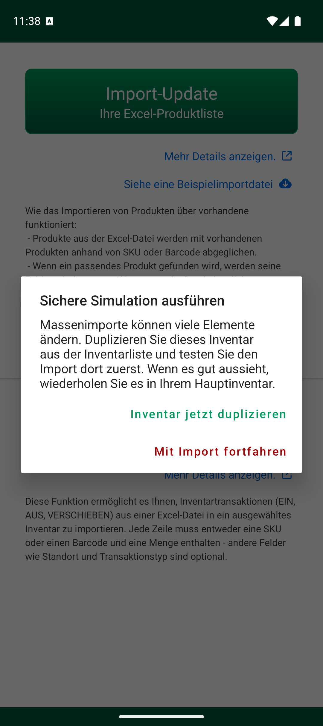 Warnung zur sicheren Simulation vor dem Import