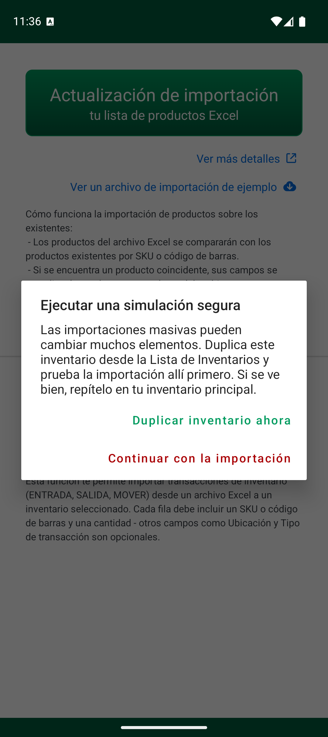 Advertencia de simulación segura antes de importar