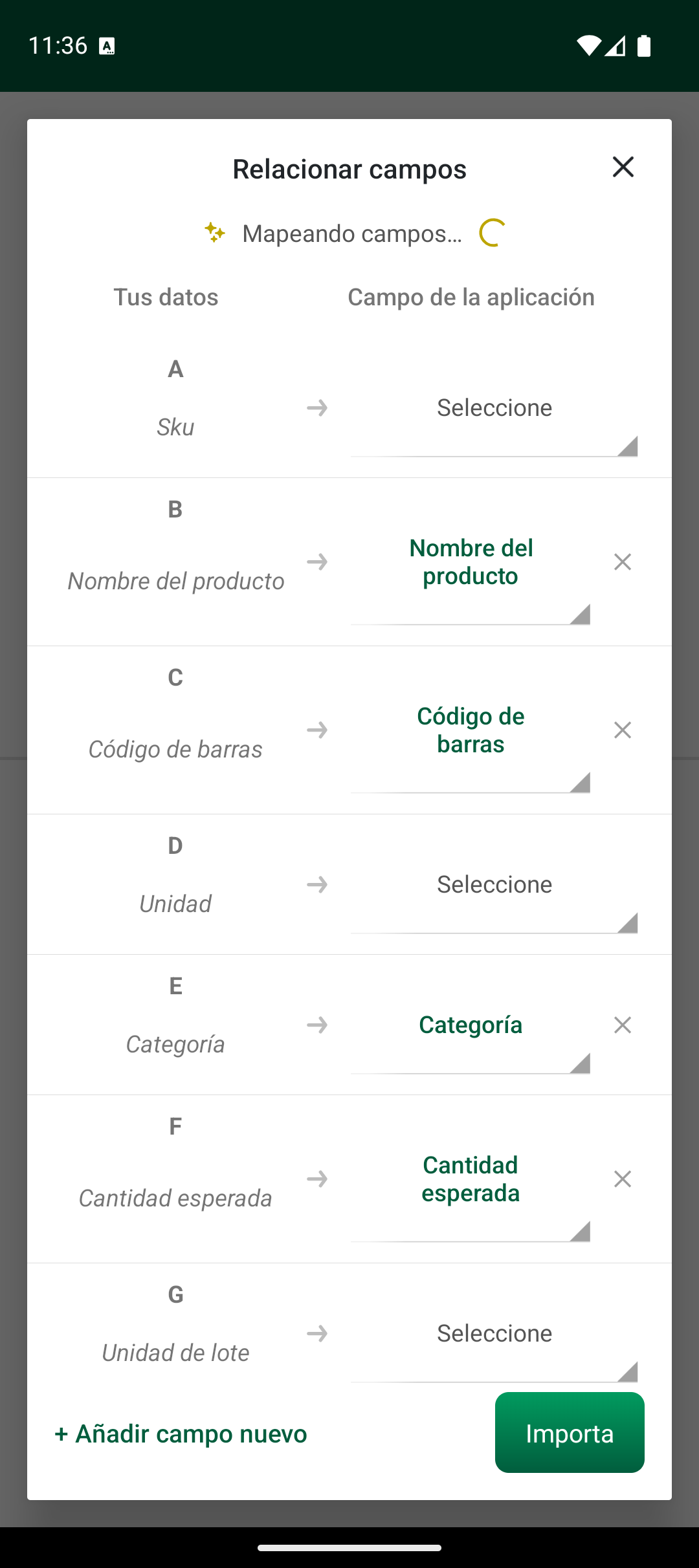 Pantalla de asignación Relacionar campos