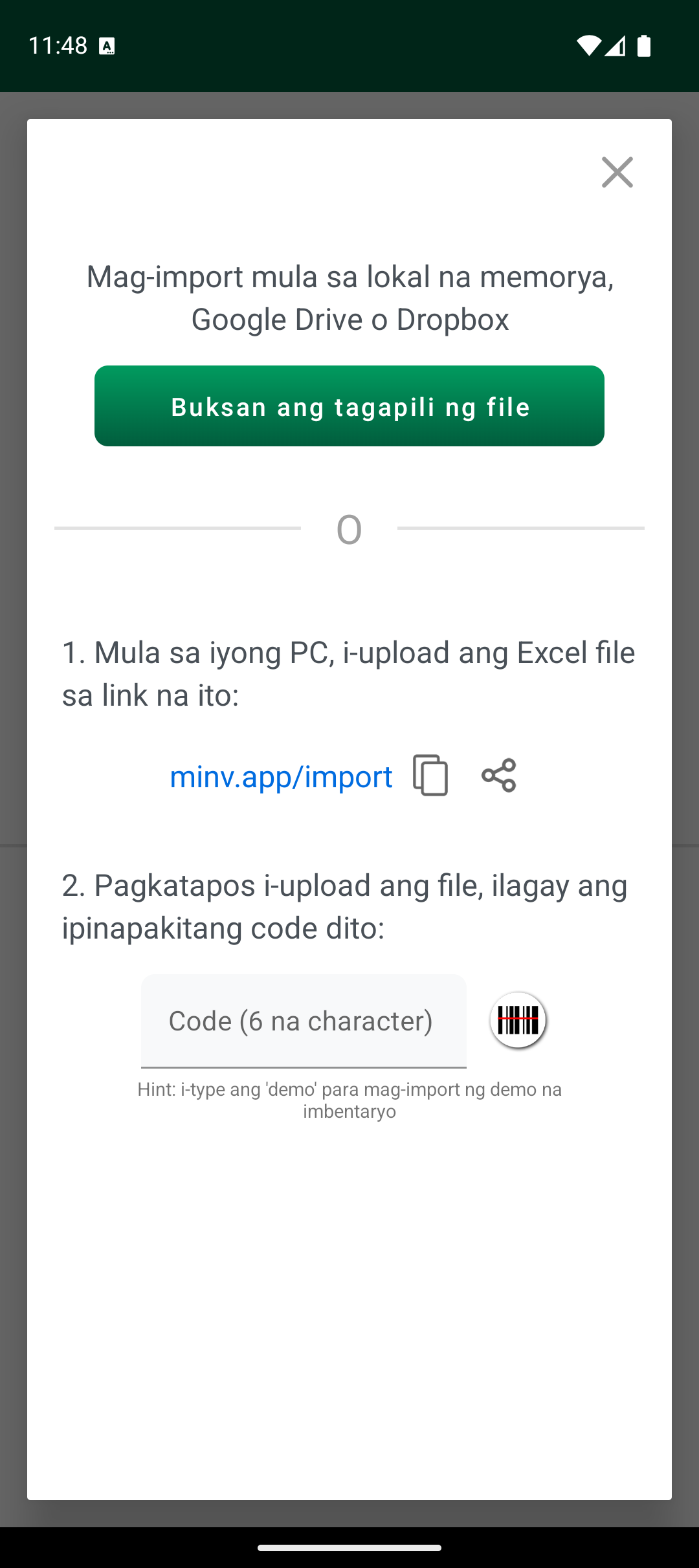 Import options screen na may file chooser at import code