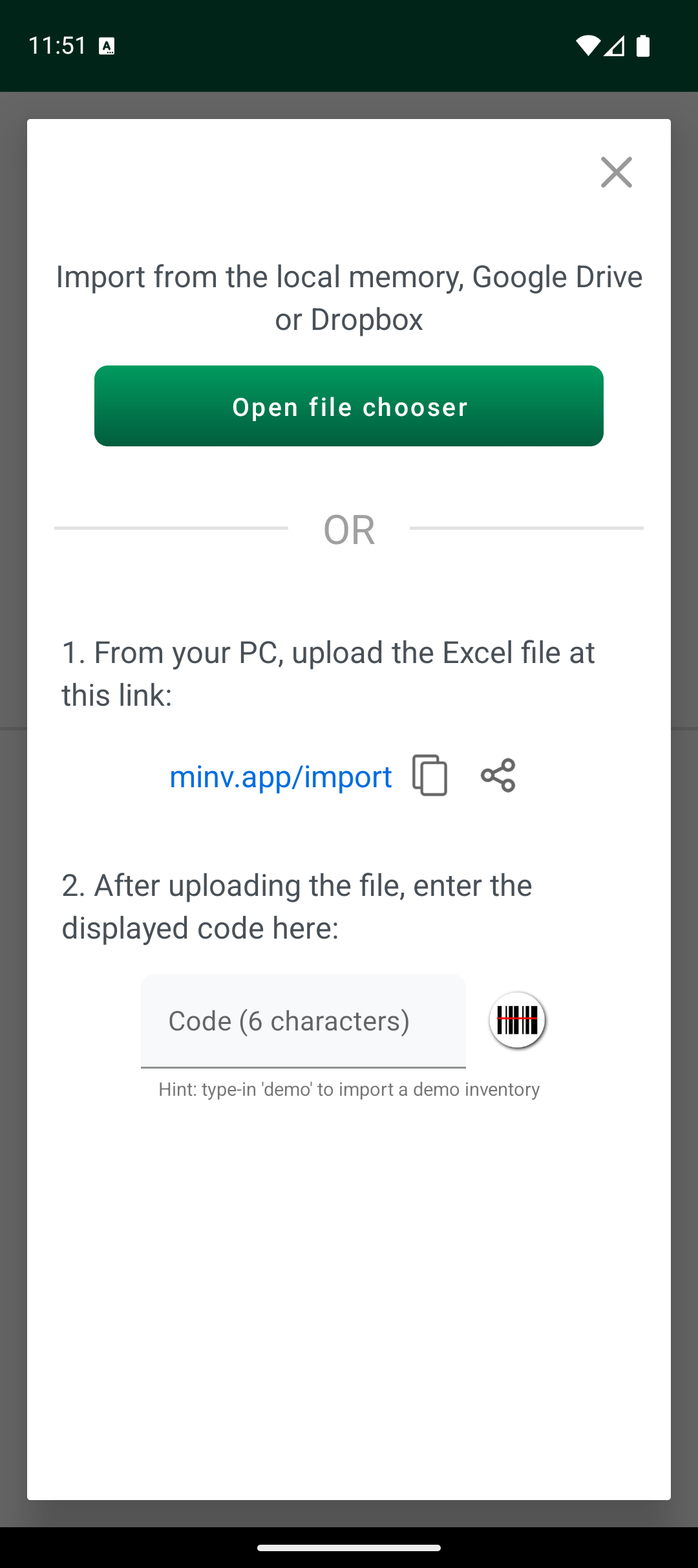 file chooser और import code वाली import options screen