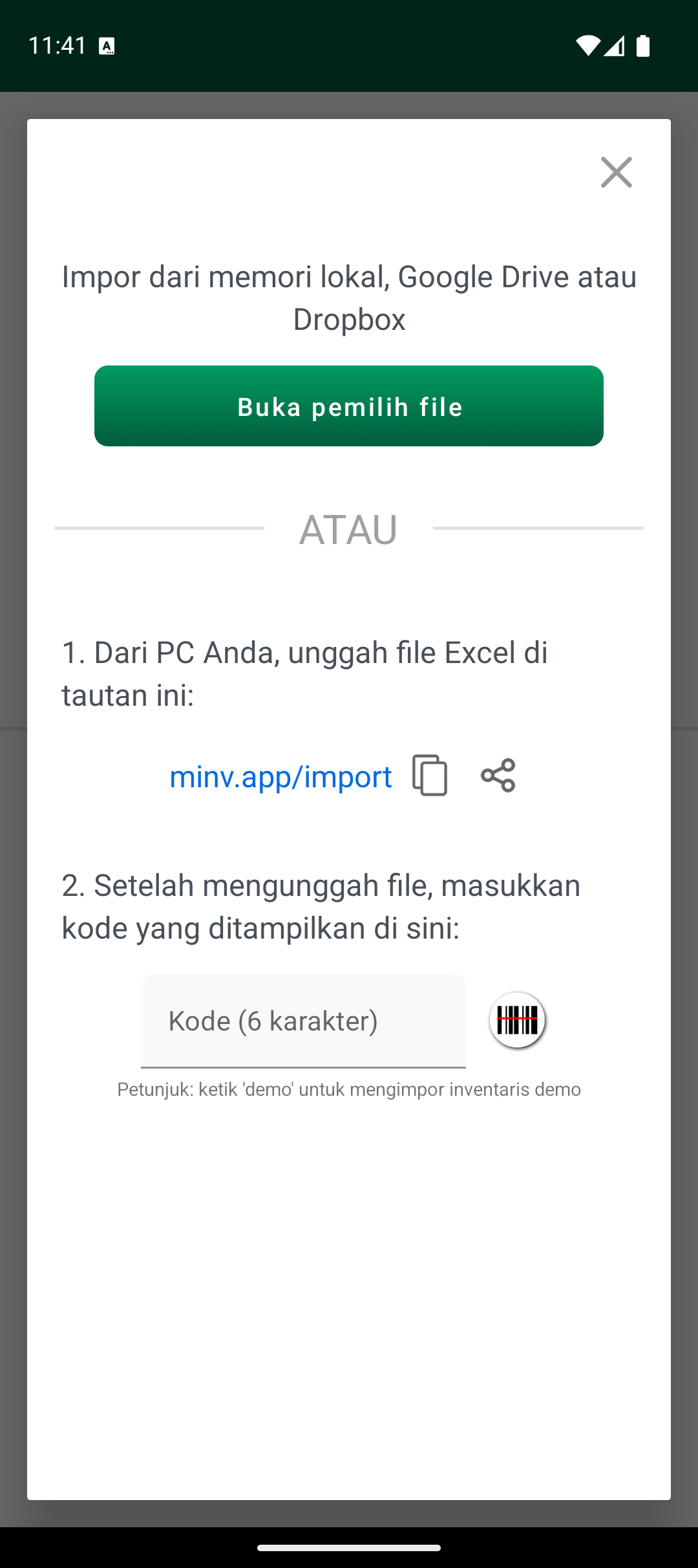 Layar opsi impor dengan pemilih file dan kode impor