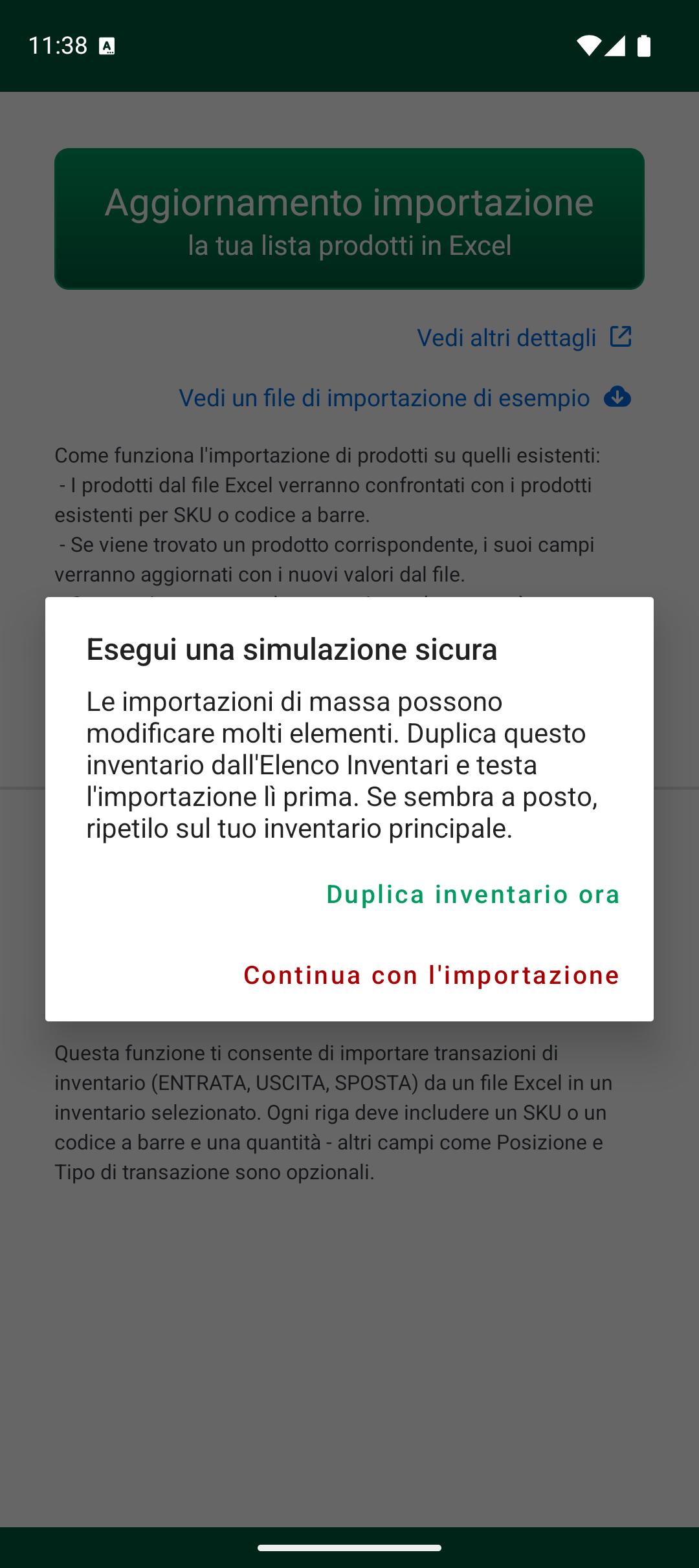 Avviso di simulazione sicura prima dell’importazione
