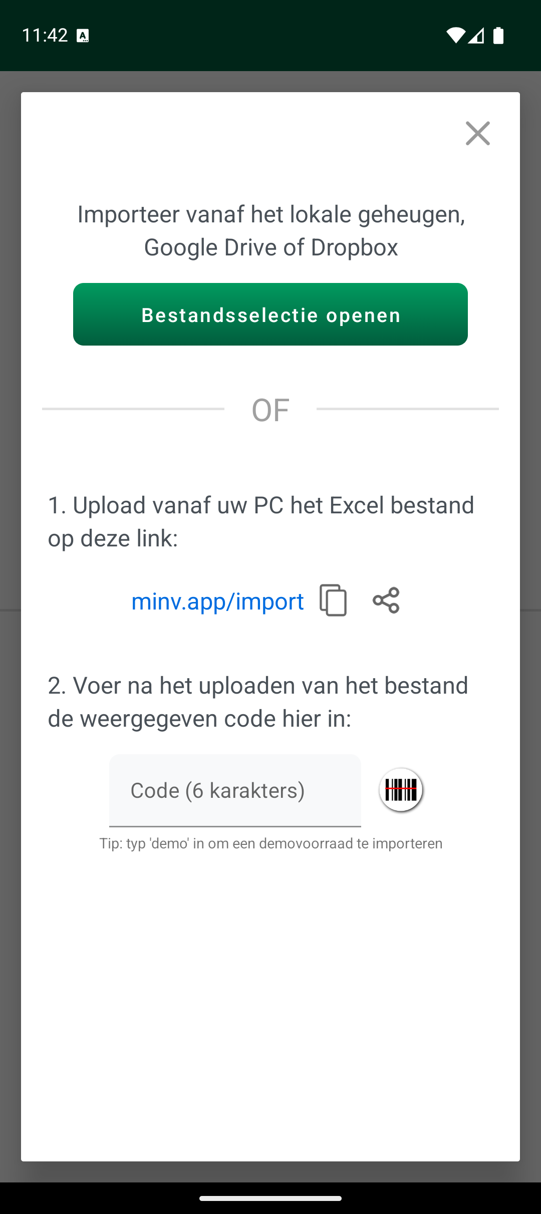 Scherm met importopties, bestandskiezer en importcode