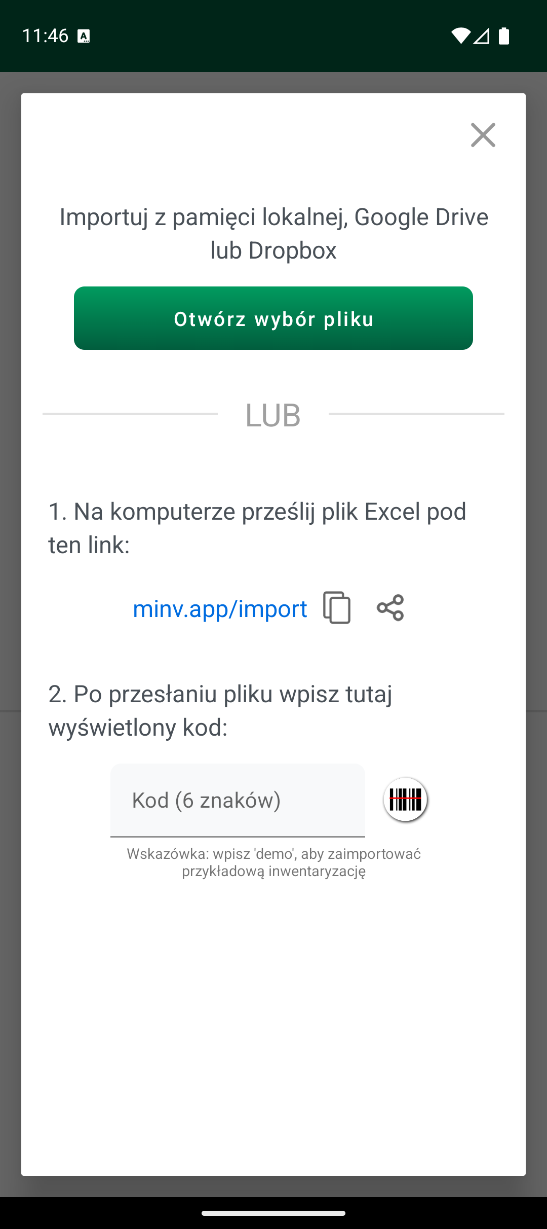 Ekran opcji importu z wyborem pliku i kodem importu