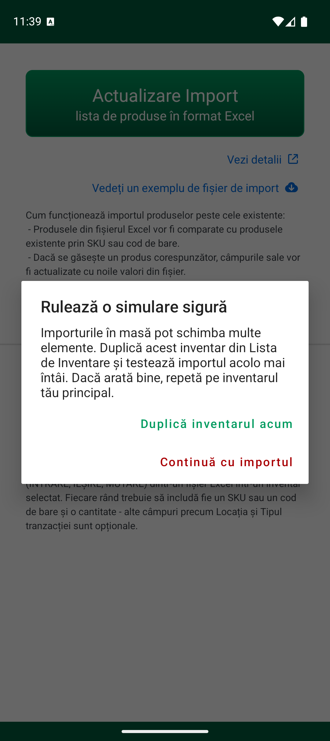 Avertizare de simulare sigură înainte de import