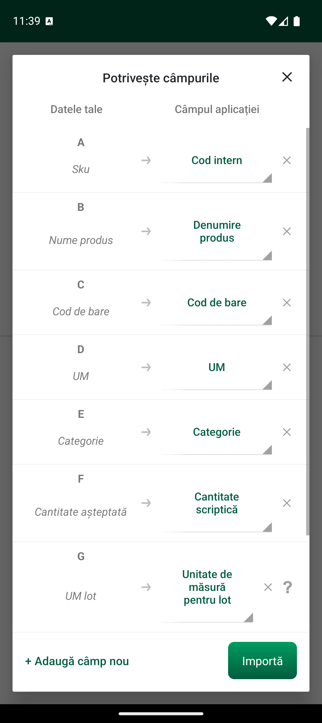 Ecran de mapare Potrivire câmpuri
