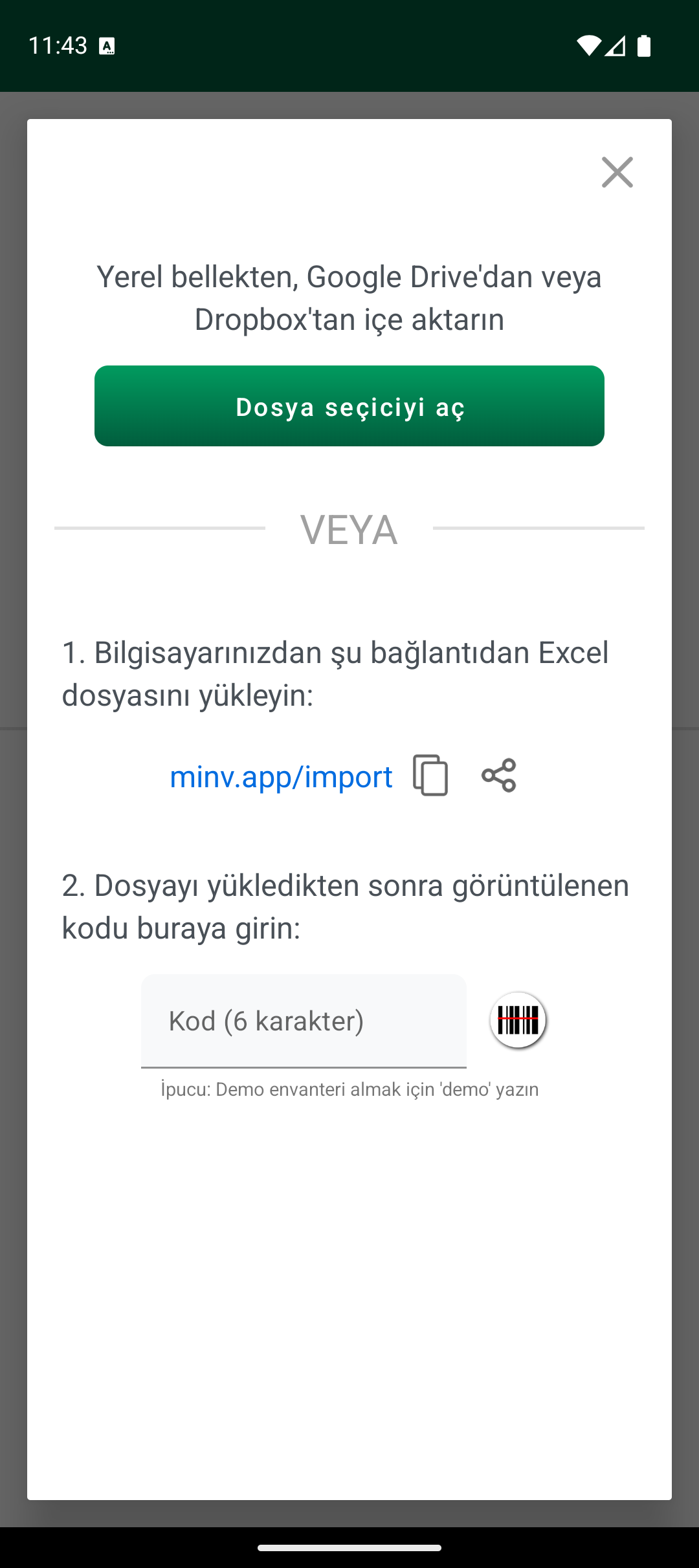 Dosya seçici ve içe aktarma kodu olan içe aktarma seçenekleri ekranı