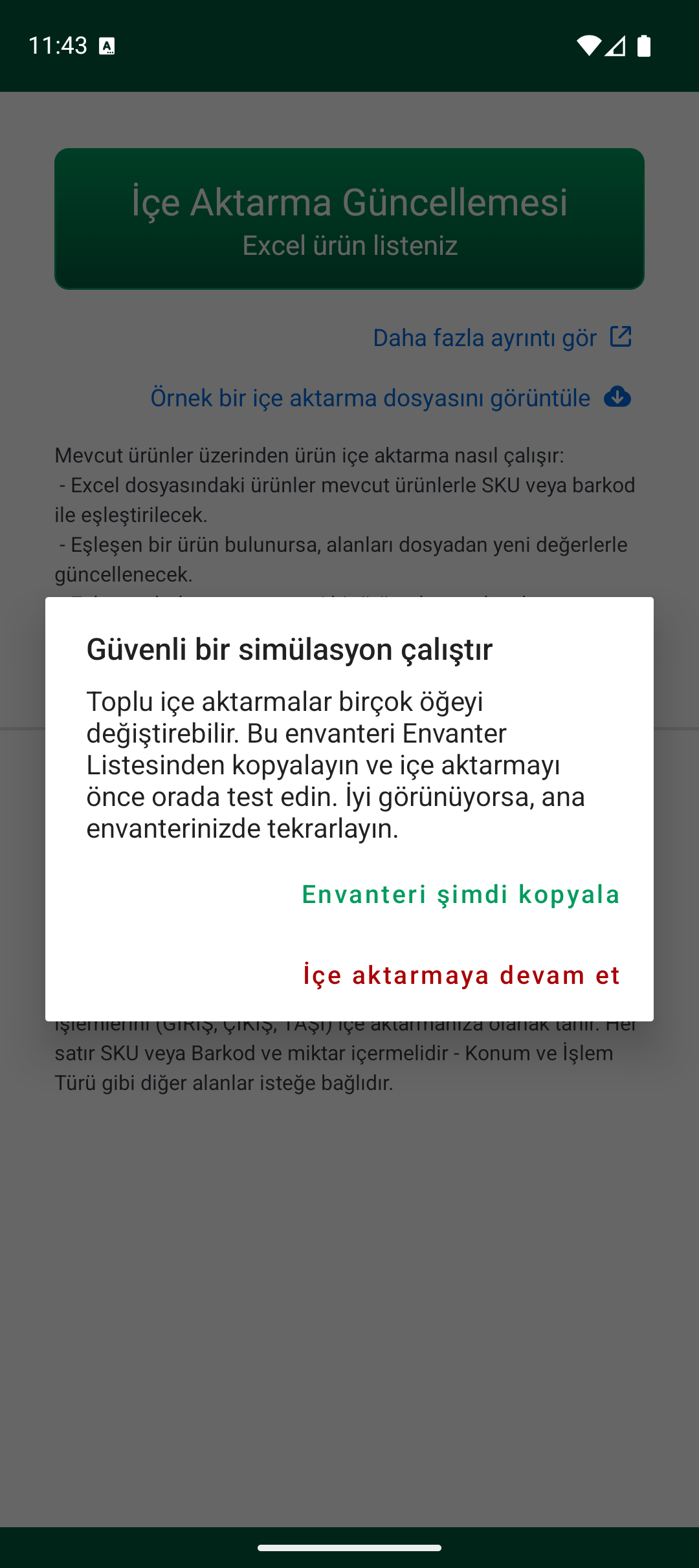 İçe aktarmadan önce güvenli simülasyon uyarısı