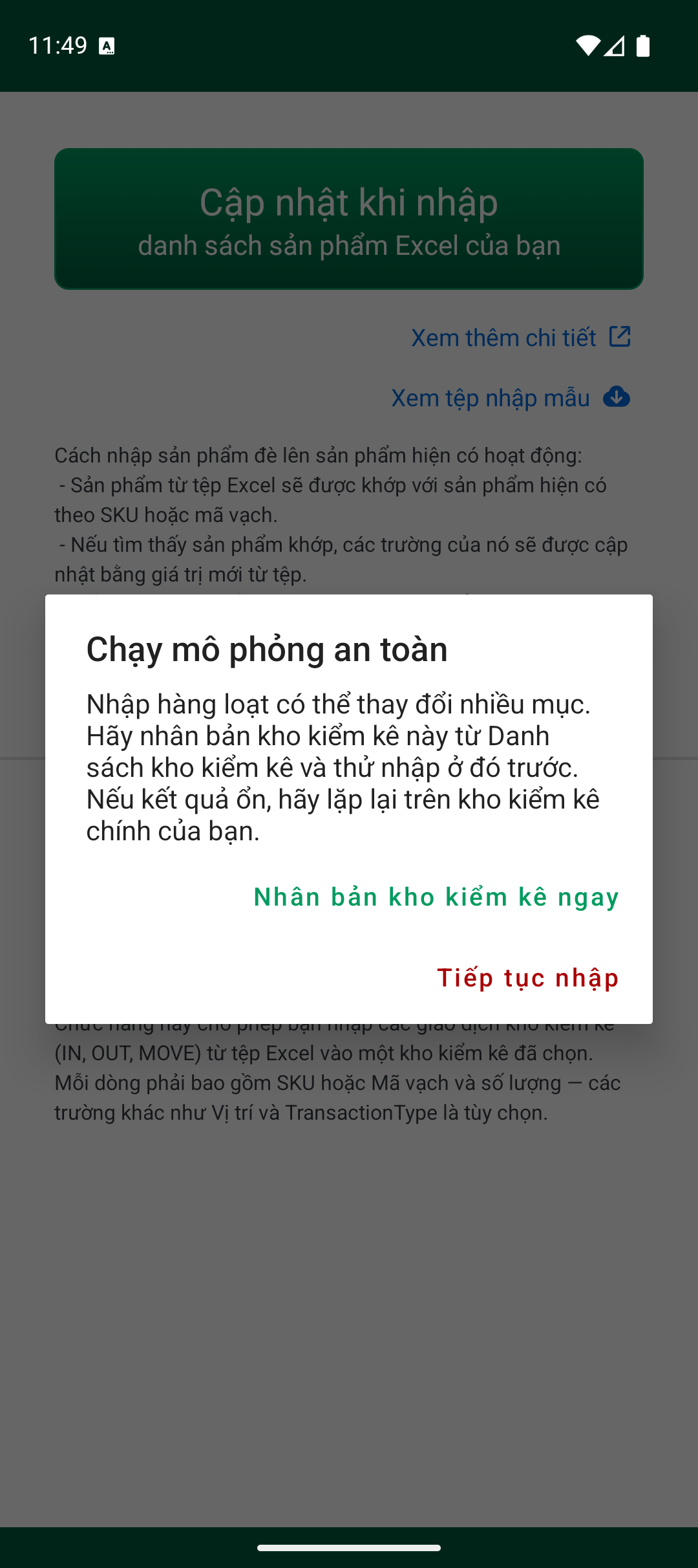 Cảnh báo mô phỏng an toàn trước khi nhập