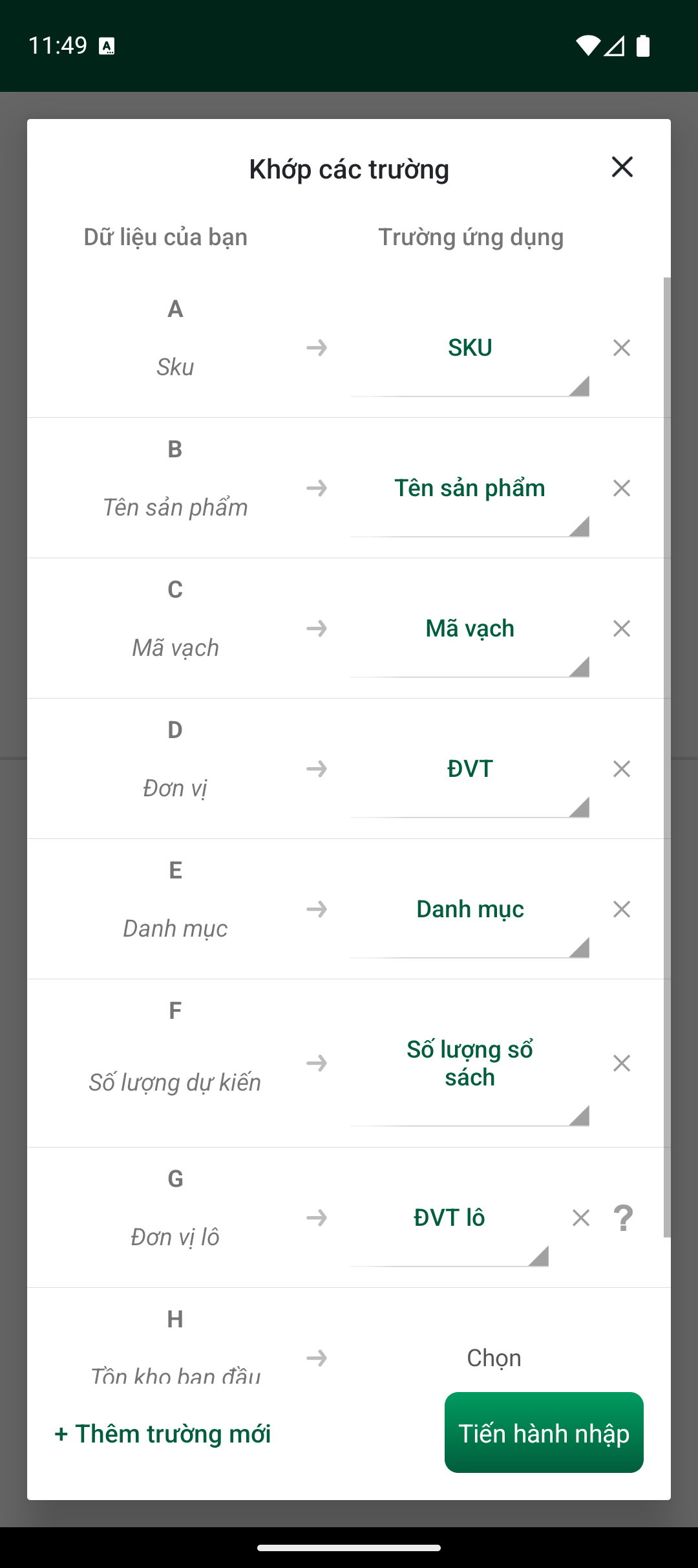Màn hình ánh xạ Match fields