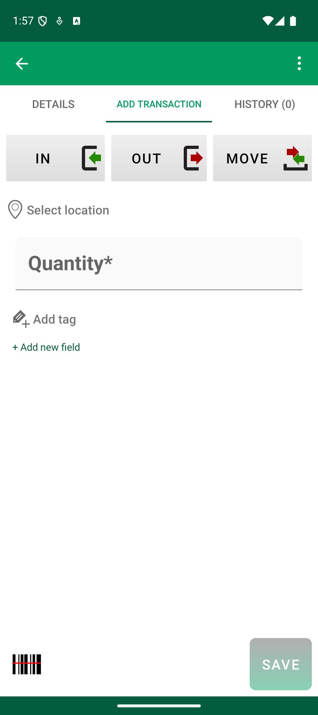 Android Add Transaction screen with the Select location field