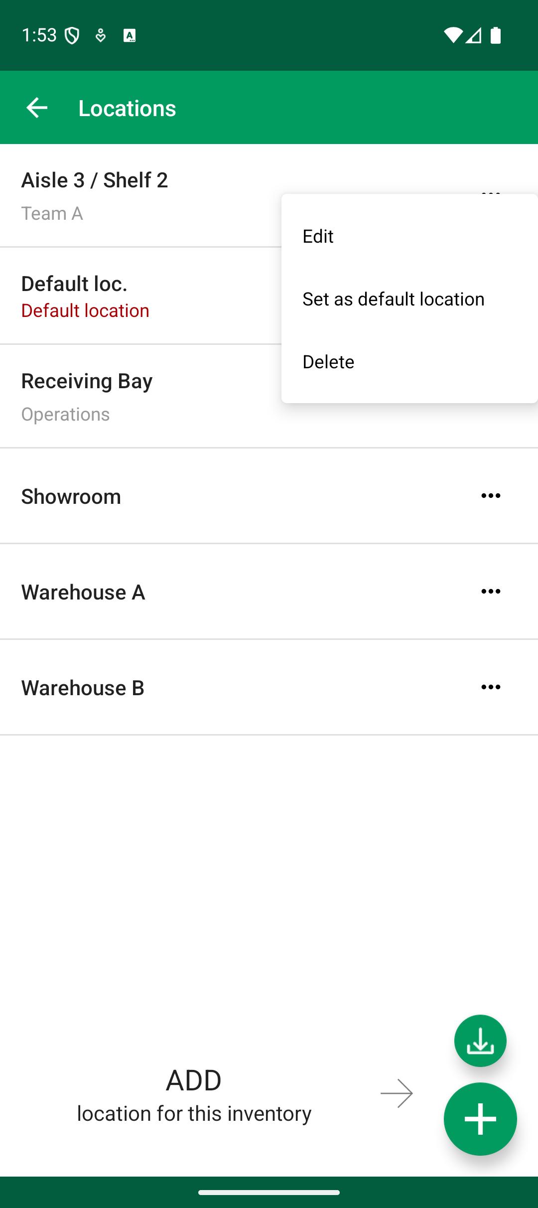 Android location actions menu with Edit Set as default location and Delete options