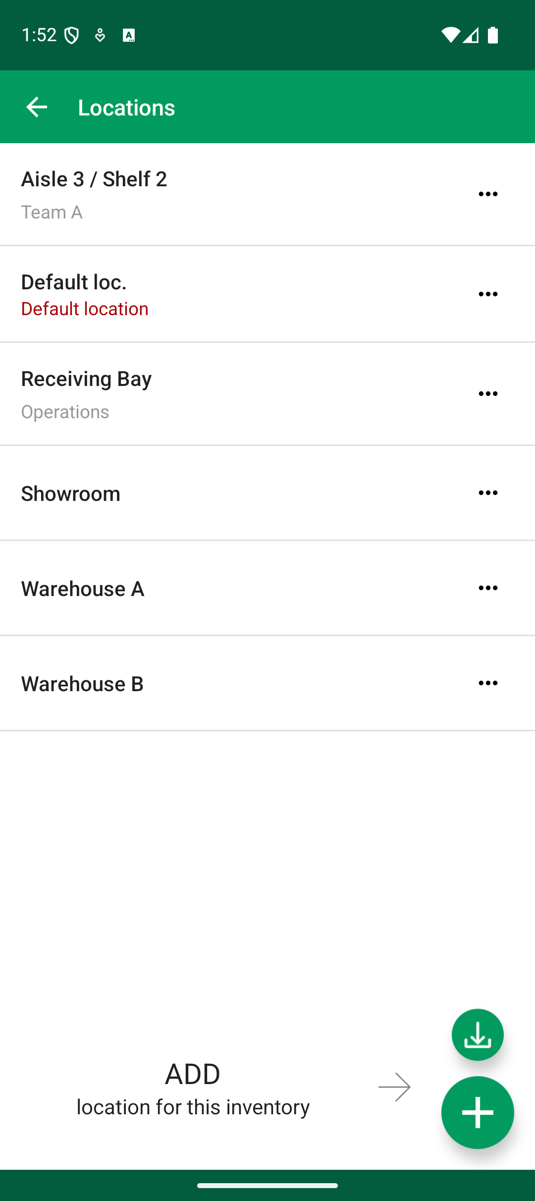 Android Locations screen showing location names and the default location label