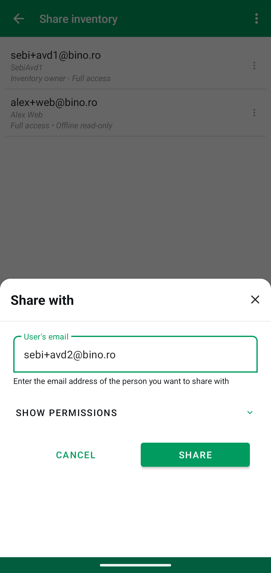 Android Share with screen for adding a user by email