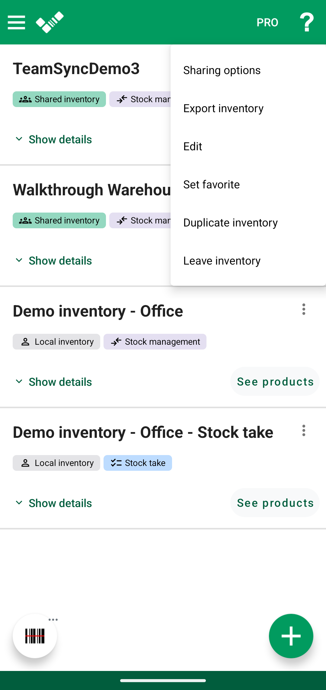 Android inventory menu with Sharing options selected