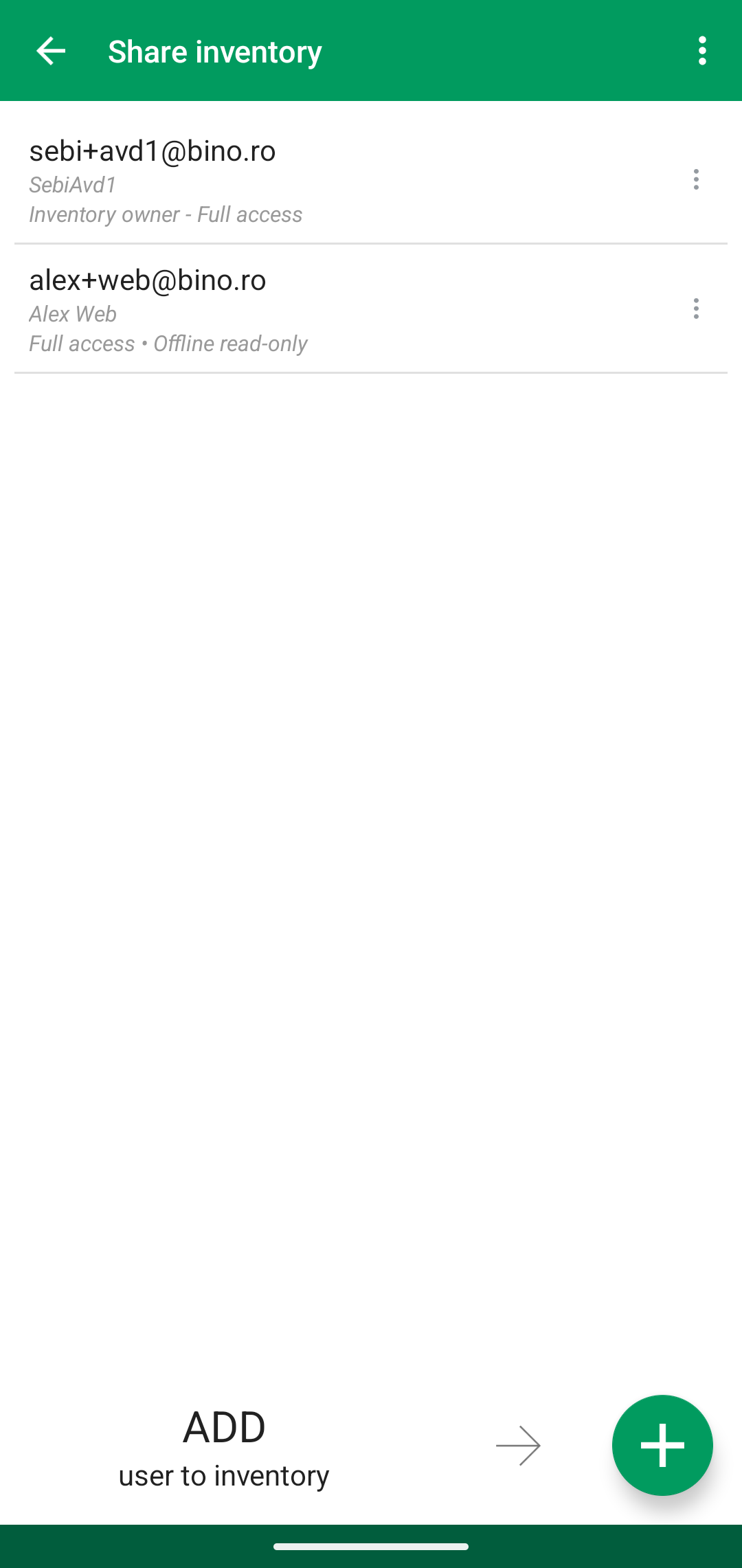 Android shared user list showing owner and offline read-only access summaries