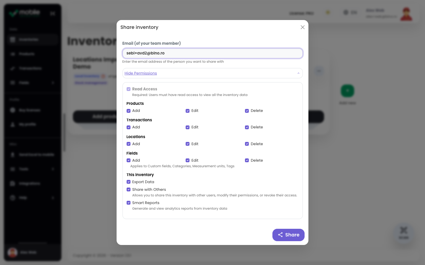 Web share inventory modal with permissions expanded