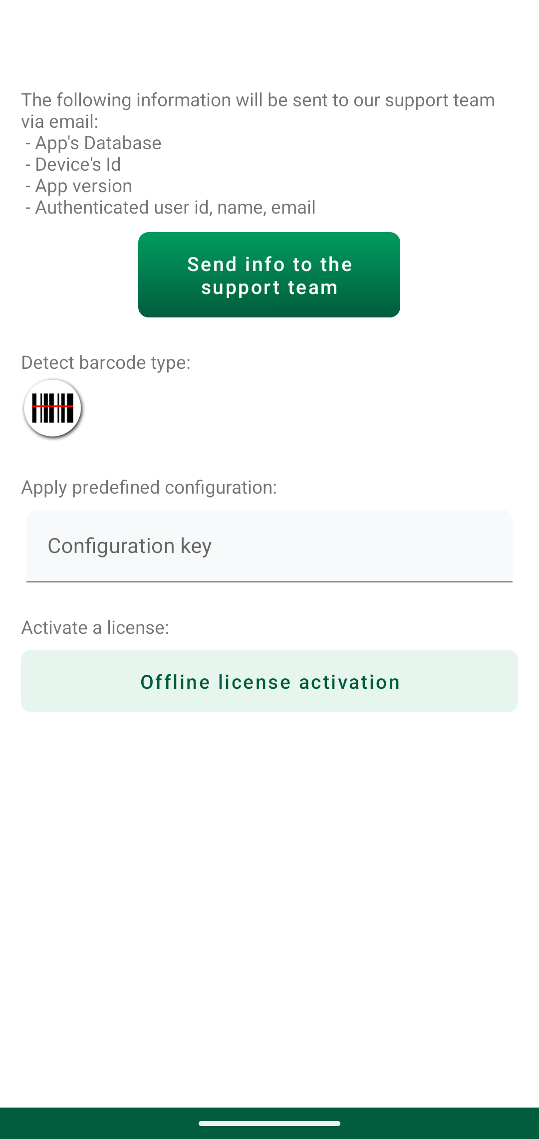 Android Debug screen with the Send info to the support team button