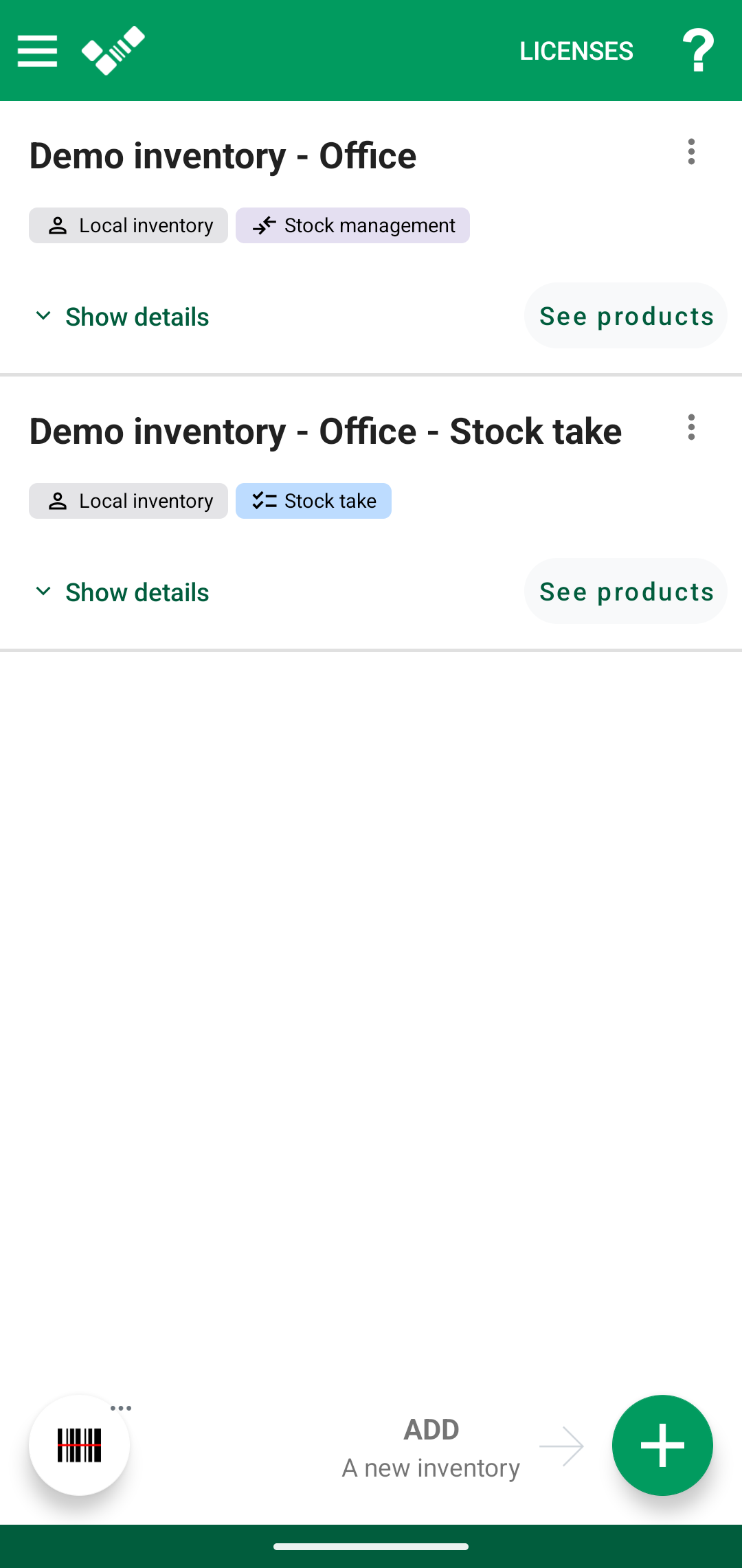 Android inventory list with the help icon in the top bar