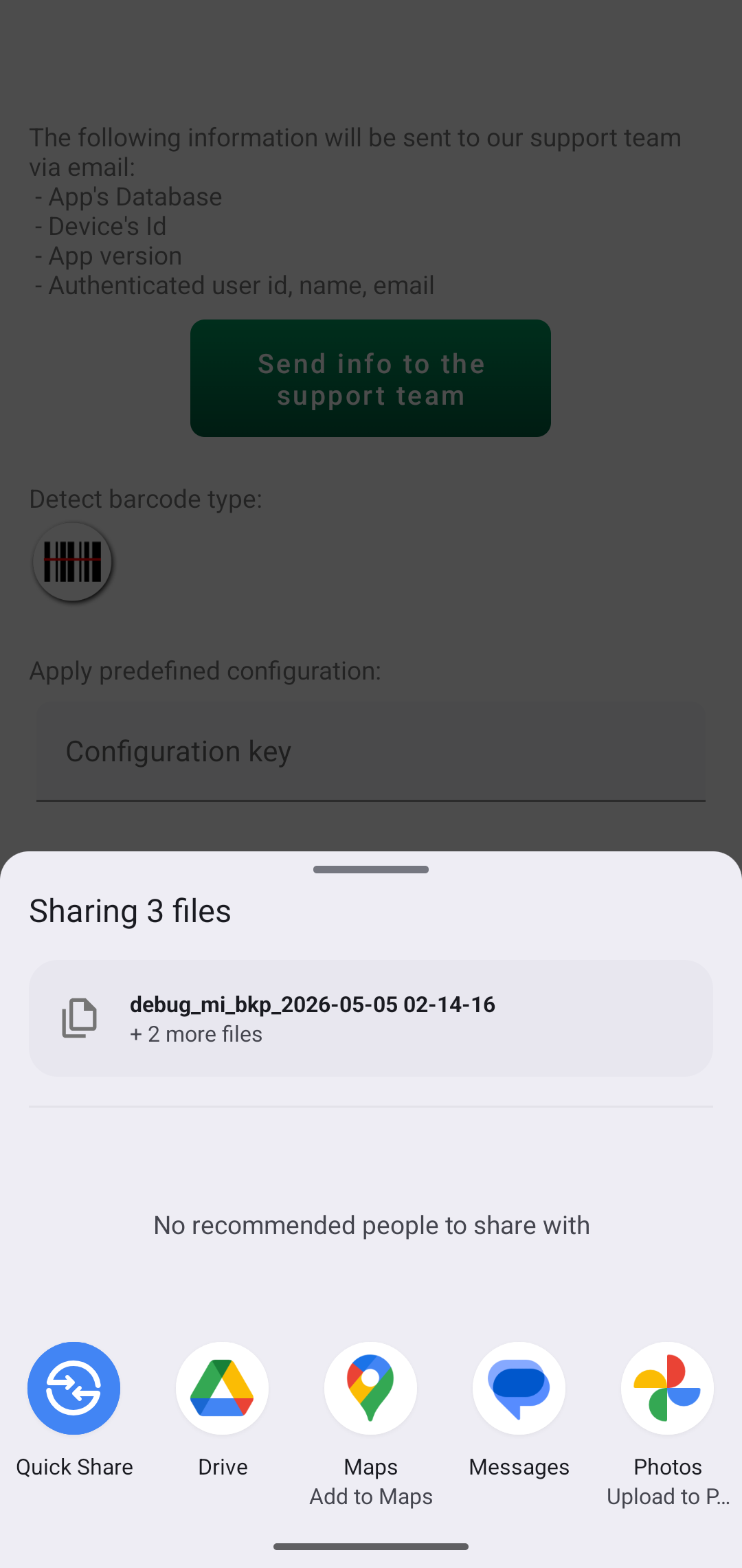 Android share chooser with debug backup and log files attached