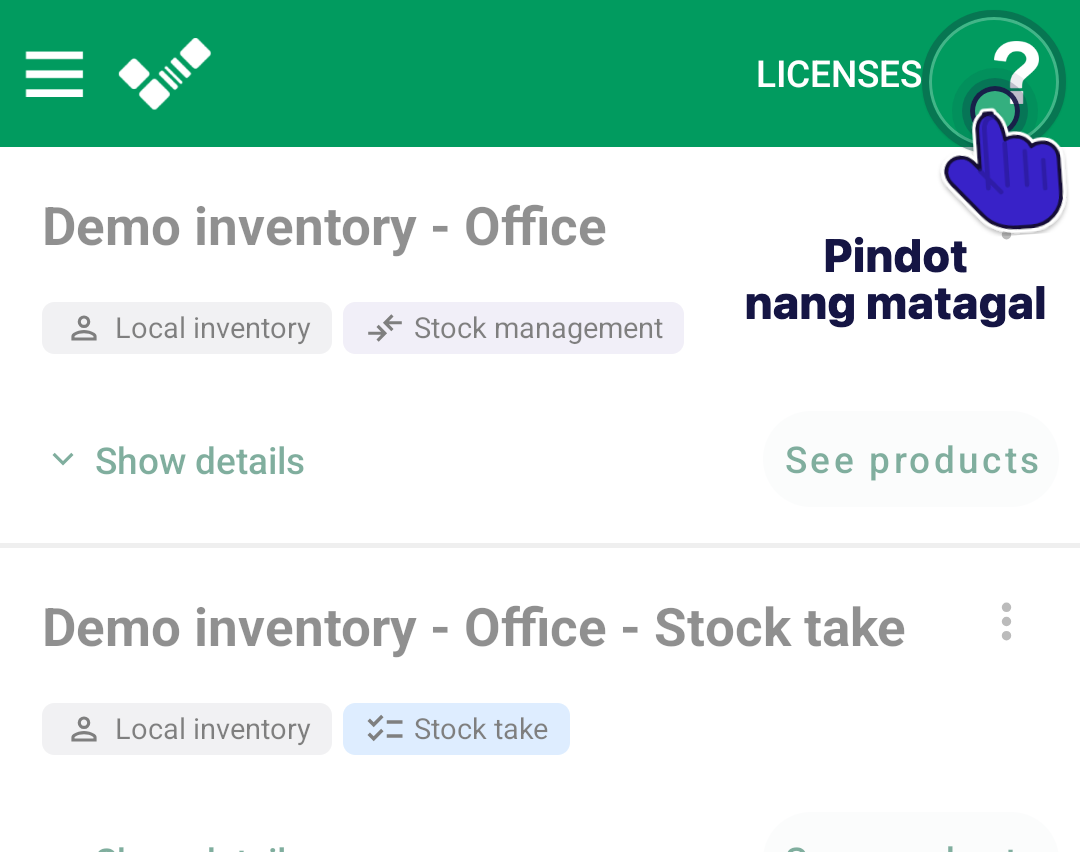 Android inventory list na may help icon sa top bar