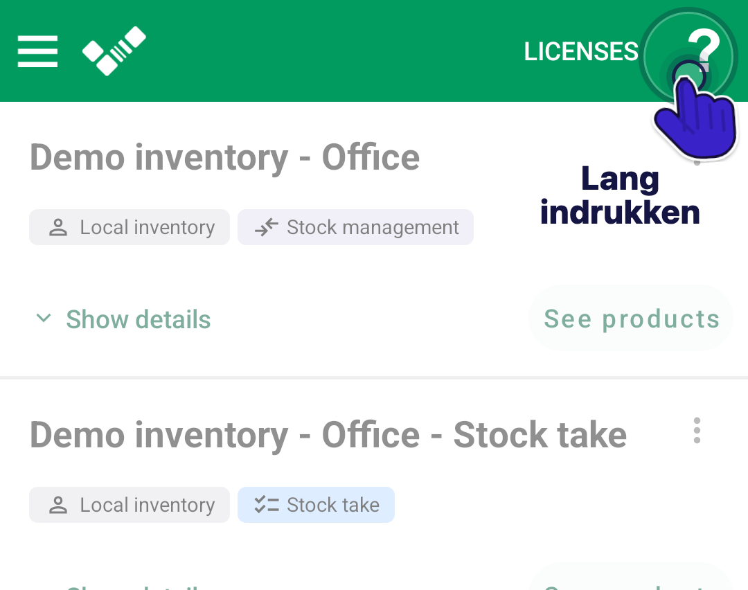 Android-inventarislijst met het help-pictogram in de bovenste balk